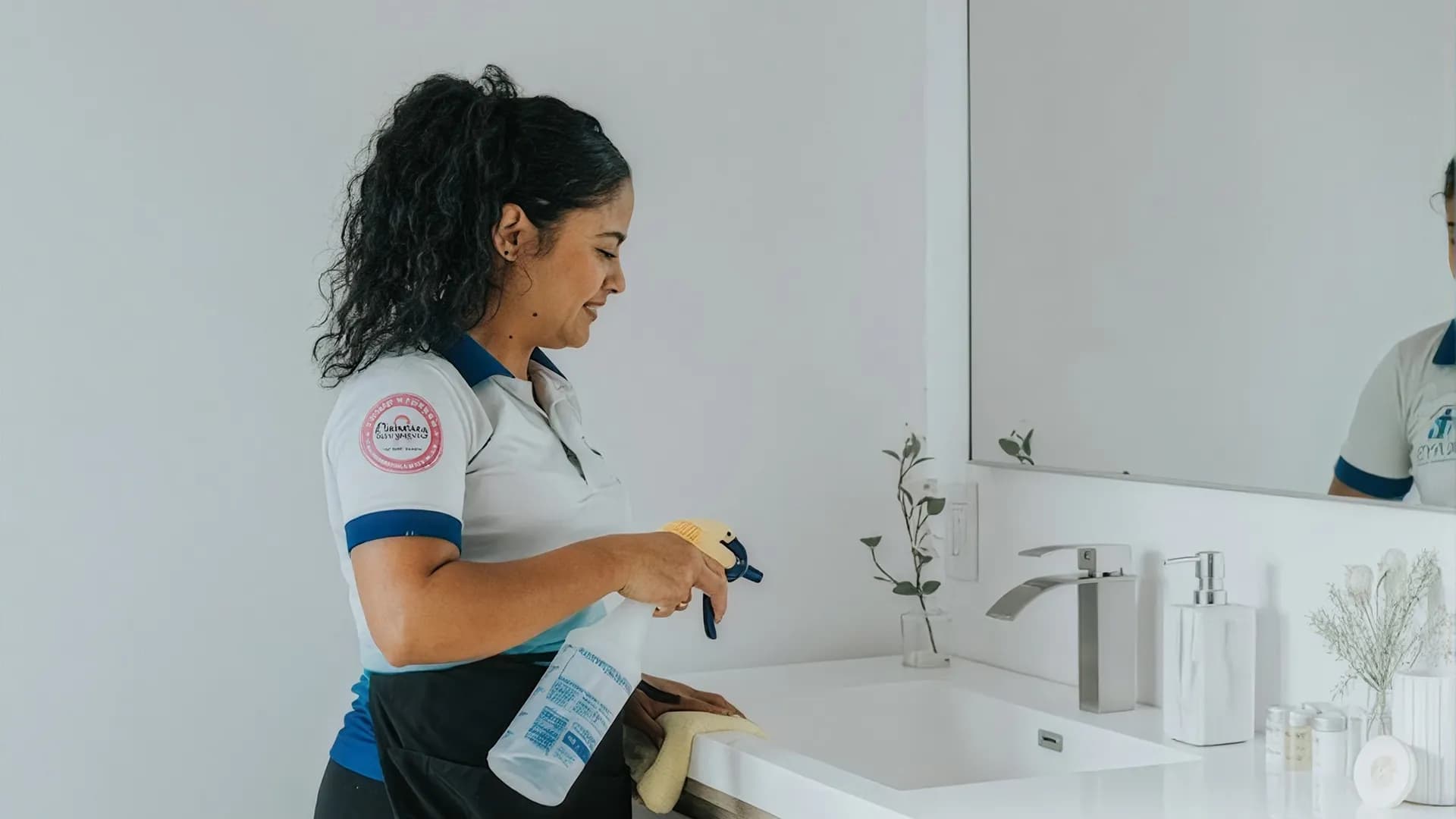 Kay's Cleaning Services professional disinfecting a bathroom sink and mirror during a move-in cleaning
